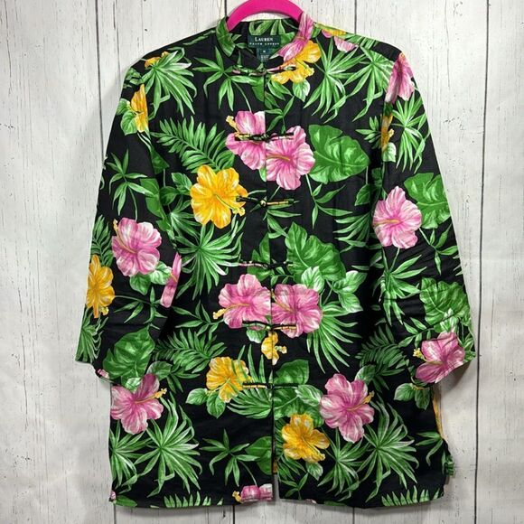 Lauren Ralph Lauren Tropical Floral Linen Mandarin Jacket Hibiscus Resort Boho - Picture 5 of 14